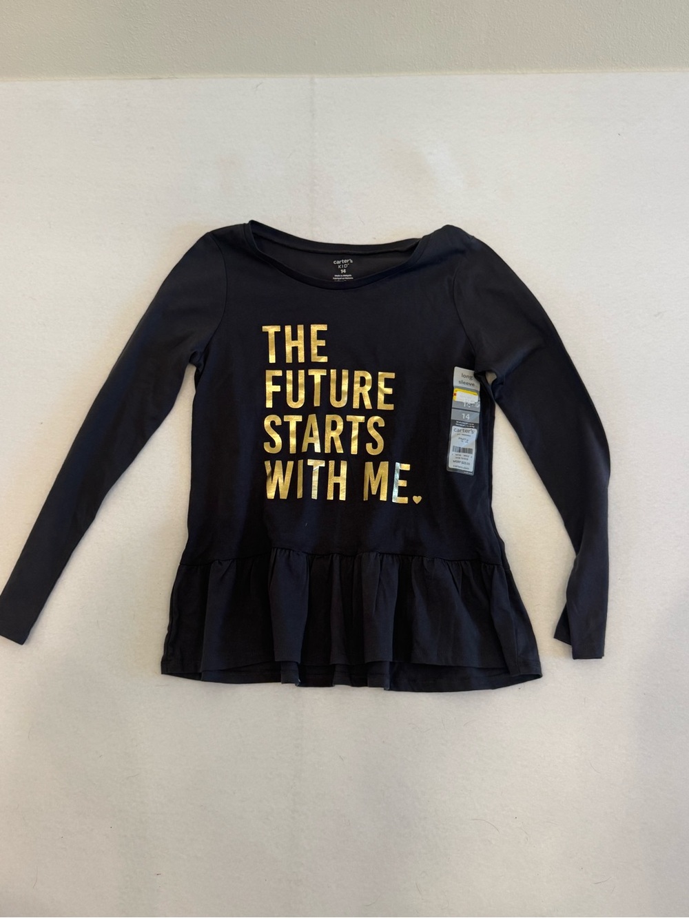 Carter's Black Long-Sleeve Peplum Top with Gold Foil Text